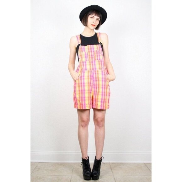 Xhilaration Pants - Vintage 90s Xhilaration Pink & Yellow Plaid Cotton Overalls Juniors Size 3